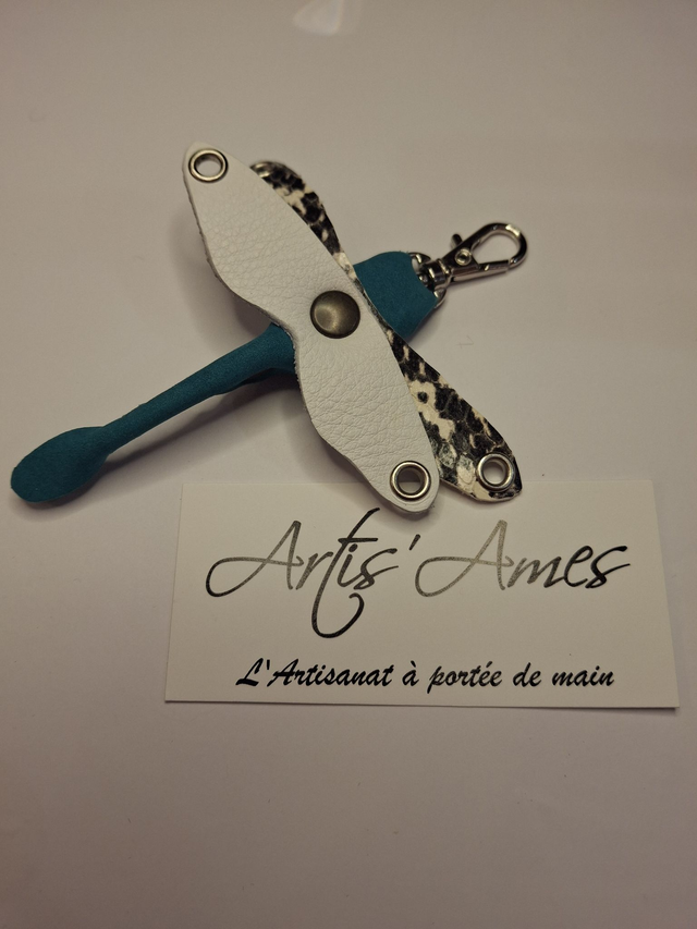 Porte clés cuir Libellule ailes blanc / tacheté