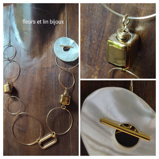 Z- Sautoir nacre blanche et carrés dorés monté sur fil de lin réglable 