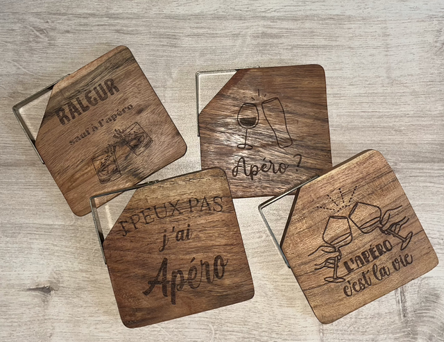 Lot de 4 dessous de verres - Texte humoristique gravé