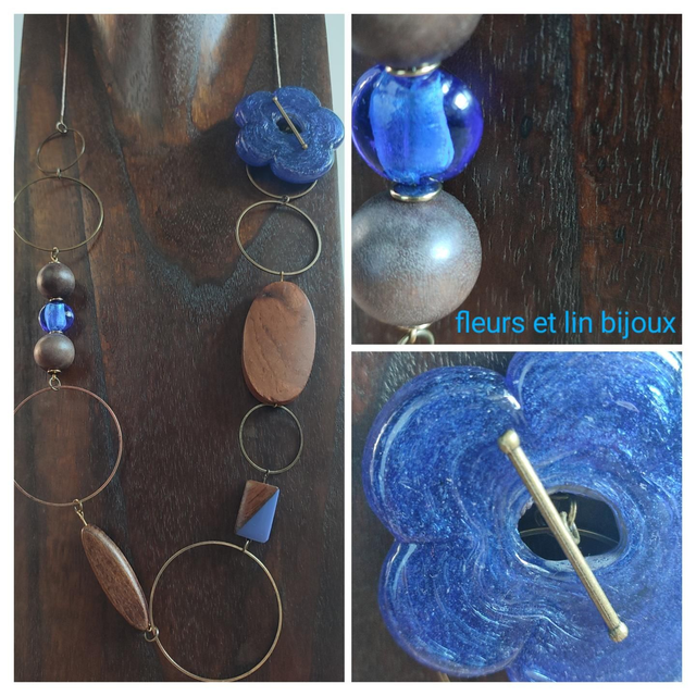 Z-Sautoir fleur en verre de Murano, bois &amp; verre bleu monté sur fil de lin réglable 