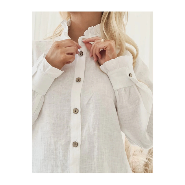 Ruffle Linen Shirt White 