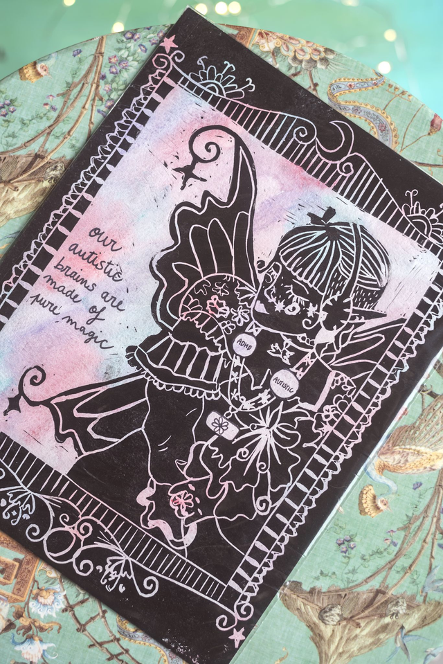 Linogravure "Our autistic brains are made of pure magic"