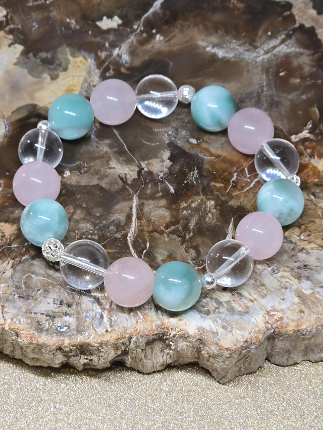 Bracelet Garniérite, Quartz rose, Cristal de roche XL en 1,2 cm