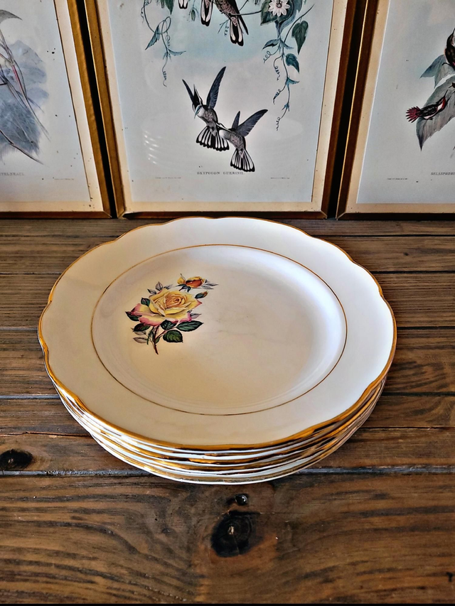 Assiettes plates Gien Gardanne, roses couleur jaune (par 6)