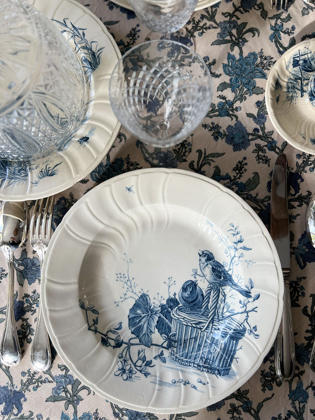 OISEAUX - Suite de 6 assiettes creuses aux Oiseaux par la manufacture française de Gien - Terre de Fer