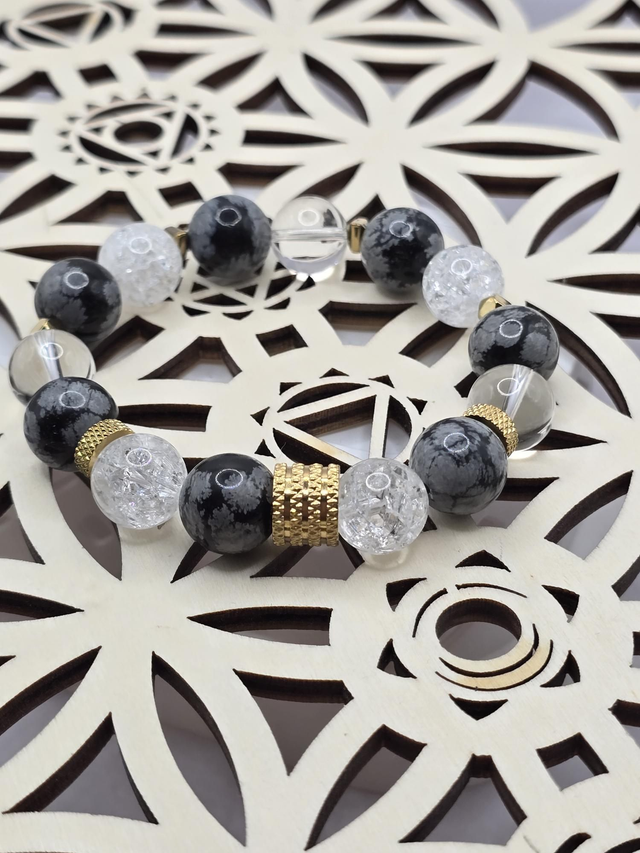Bracelet Obsidienne flocon & Cristal de roche XL 1,2 cm