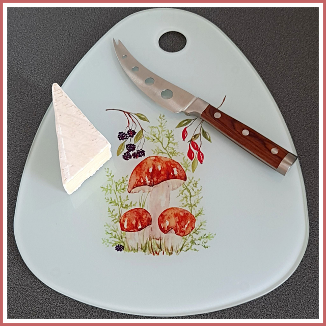 Glass Cutting Board with Mushroom artwork