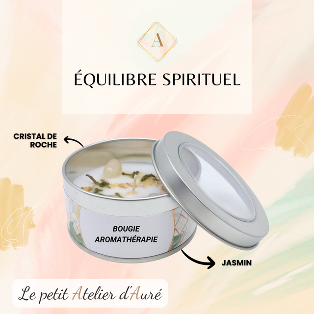 Bougie aromathérapie &quot;Équilibre Spirituel&quot; - Cristal de Roche &amp; Jasmin