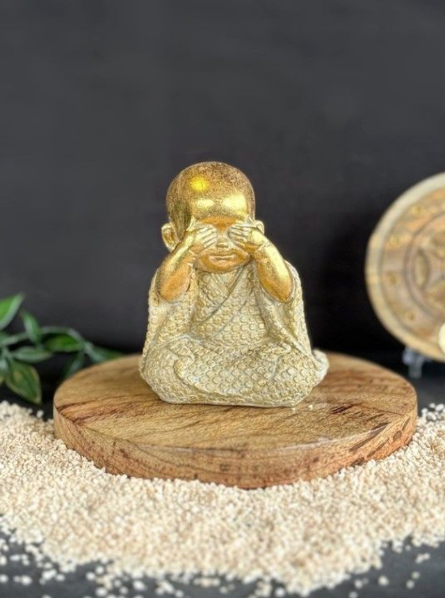 Statuette Moine de la Sagesse - Ne vois pas - 10 cm - Résine - Doré