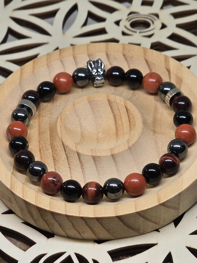 Bracelet Onyx, Jaspe rouge, Œil de Taureau, Hématite 0,8 cm 