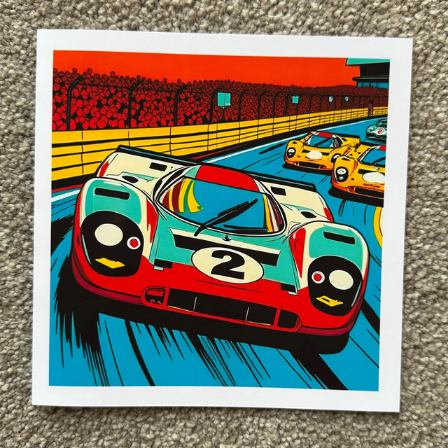 Porsche 917 Pop Art Greeting Card - Retro Race Car Lover's Gift, Vibrant Art Print, Unique Stationery for Auto Fans & Collectors