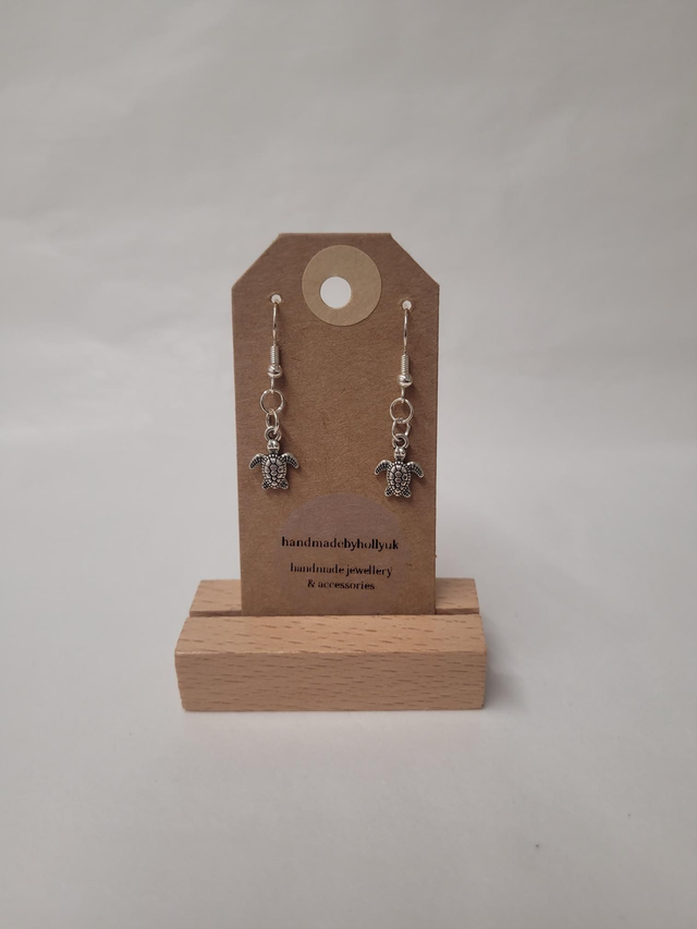 Small Turtle Charm Drop Earrings - Silver Plated - HBH-024