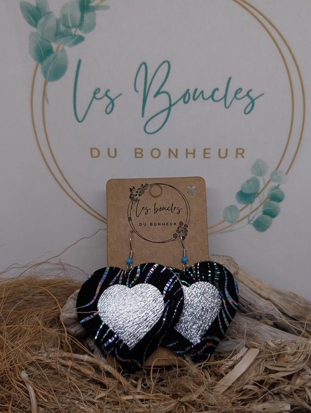 Boucles d&#039;oreilles Double coeur noir argenté dc112