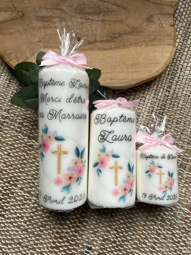 Bougie baptême, communion, naissance personnalisée croix, couronne fleurs !
