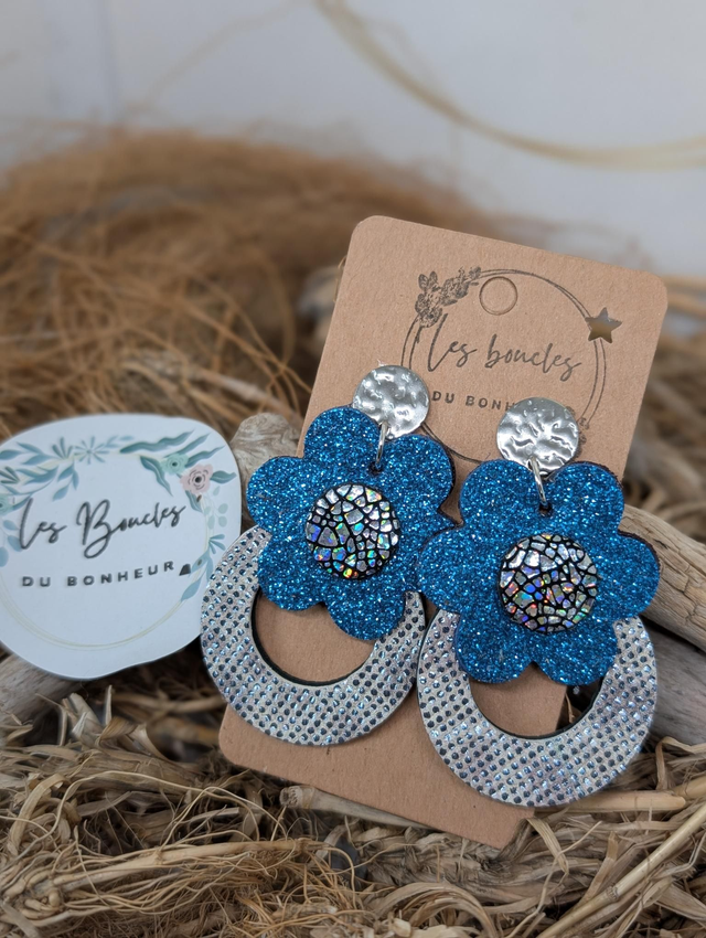 Boucles d'oreilles fleur rétro bleu paillettes argenté mo641