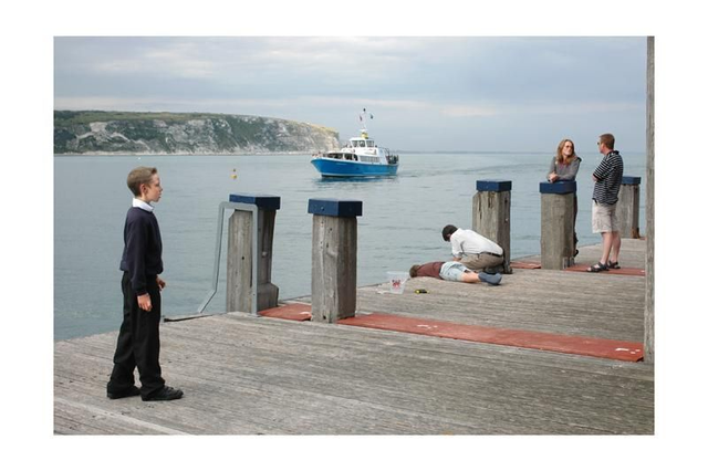 15 by 10 inch print. Swanage pier, crabbing, boat 