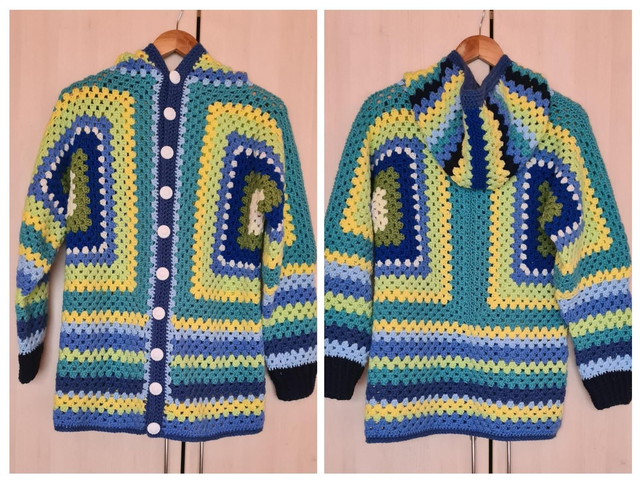 Unique handmade crochet hooded hexagon granny square cardigan 