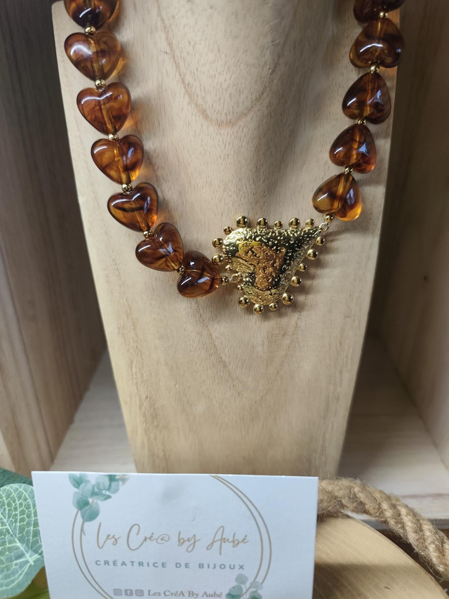 COLLIER PERLES AMBRE/ COEUR ACIER INOXY 0000484