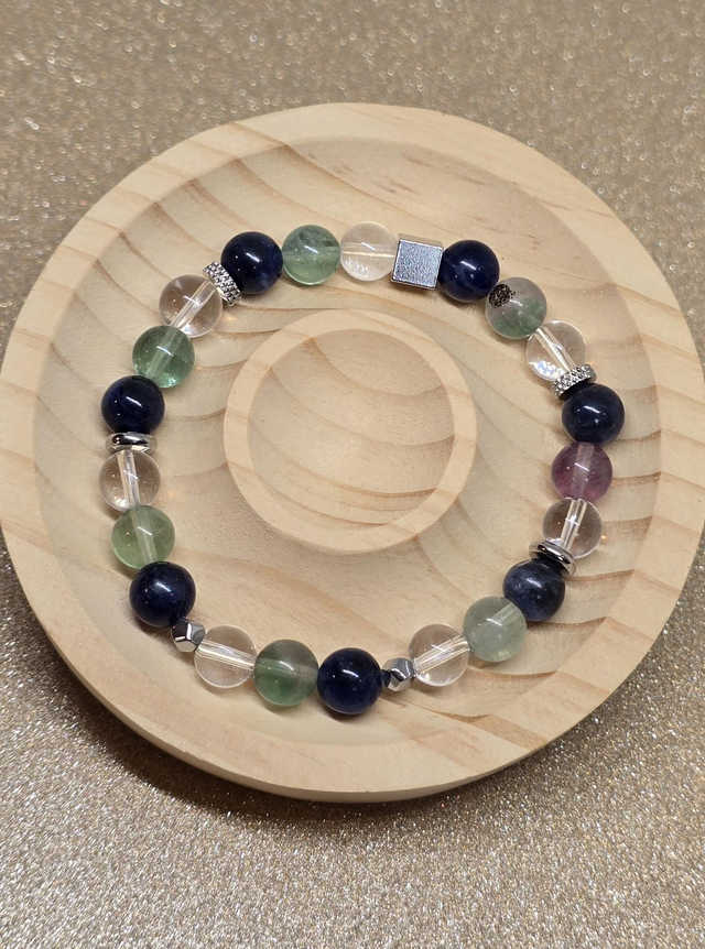 Bracelet Mémoire : Sodalite, Fluorite, Cristal de roche en 0,8 cm