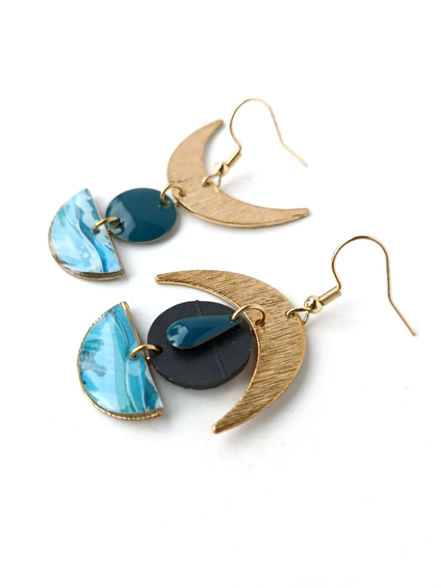 Boucles d'oreilles Asymétriques Upcyclées en Chambre à Air et Papier Recyclés - Aquatiques