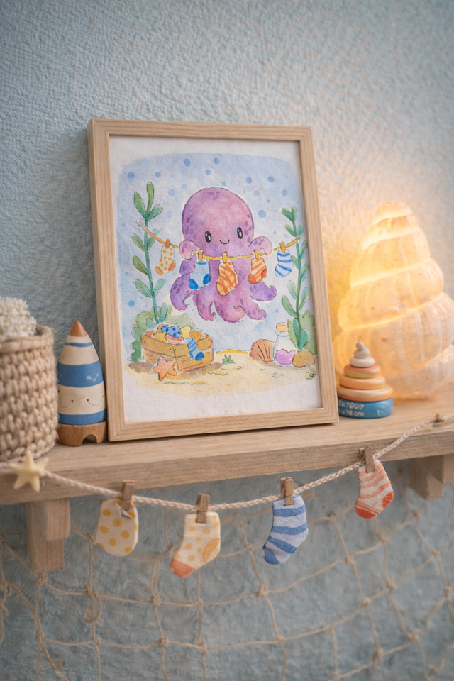 Petite pieuvre étend ses chaussettes - Aquarelle originale 13x18 cm