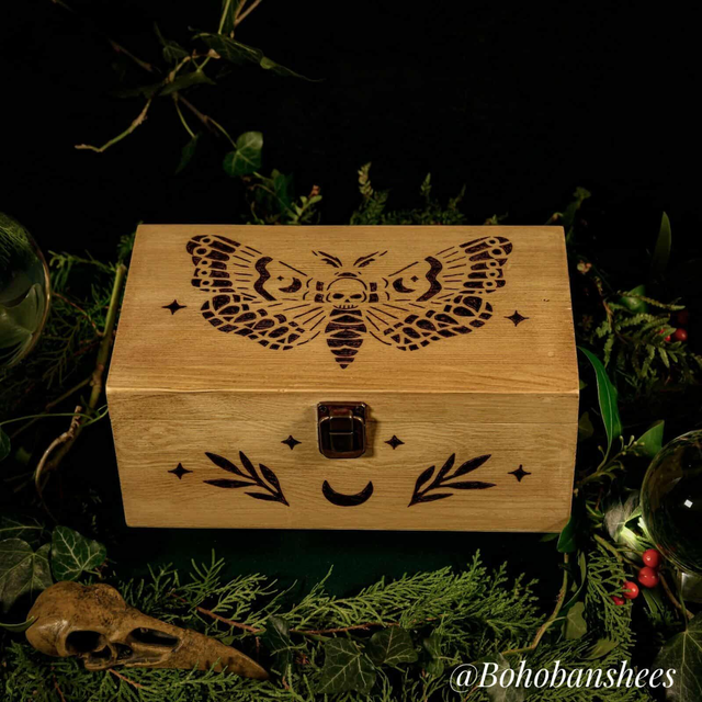 Hand-Burned Death Moth Wooden Box