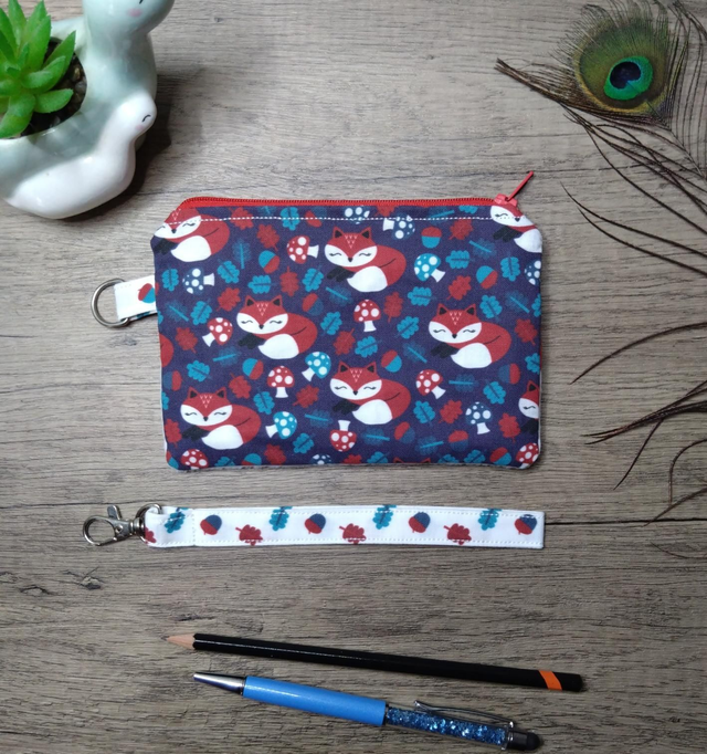 Red fox zip purse with wrist strap