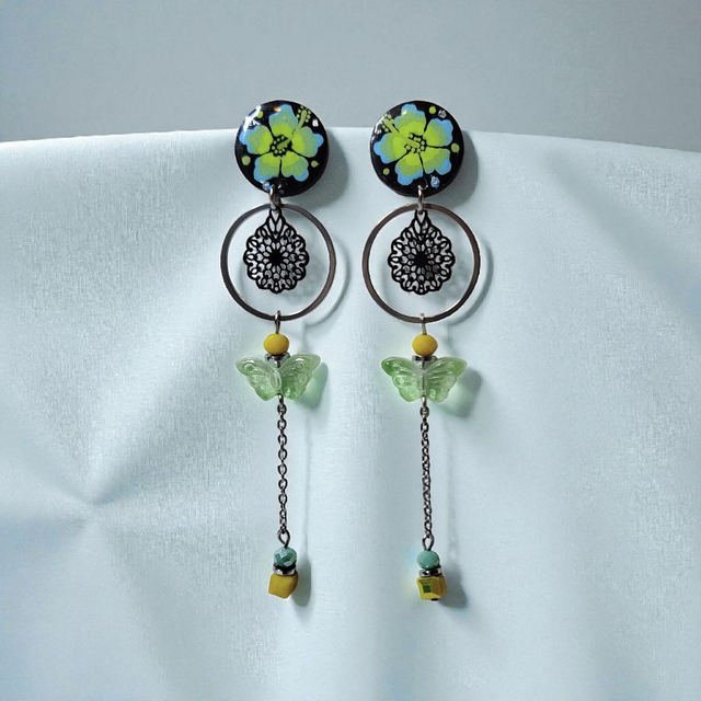 Boucles d'oreilles Flora vert turquoise jaune
