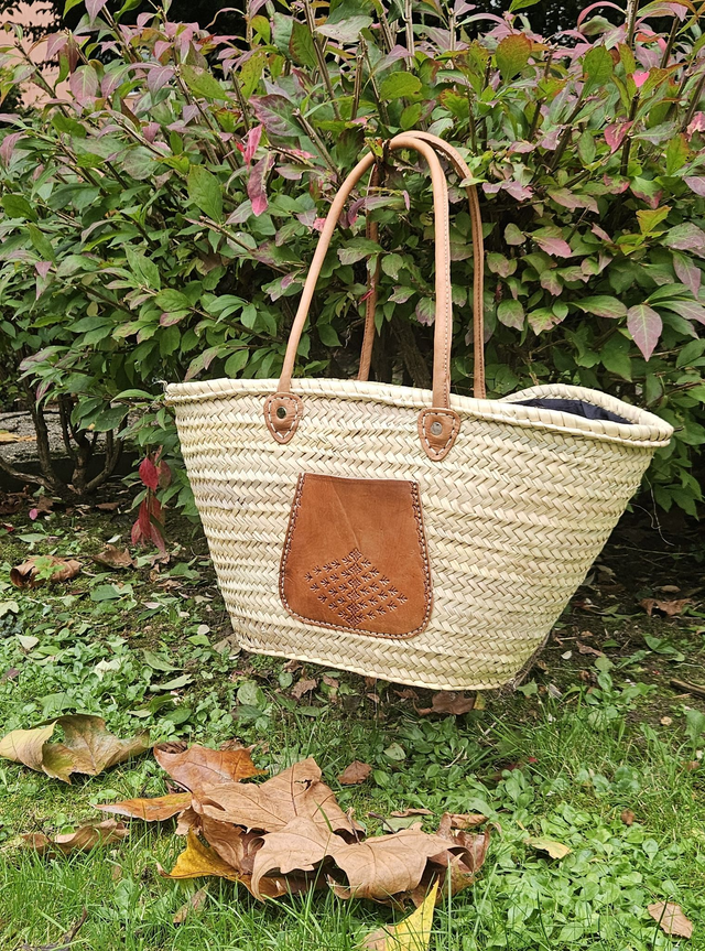 Grand Panier "Marrakech" en feuille de palmier et poche en cuir