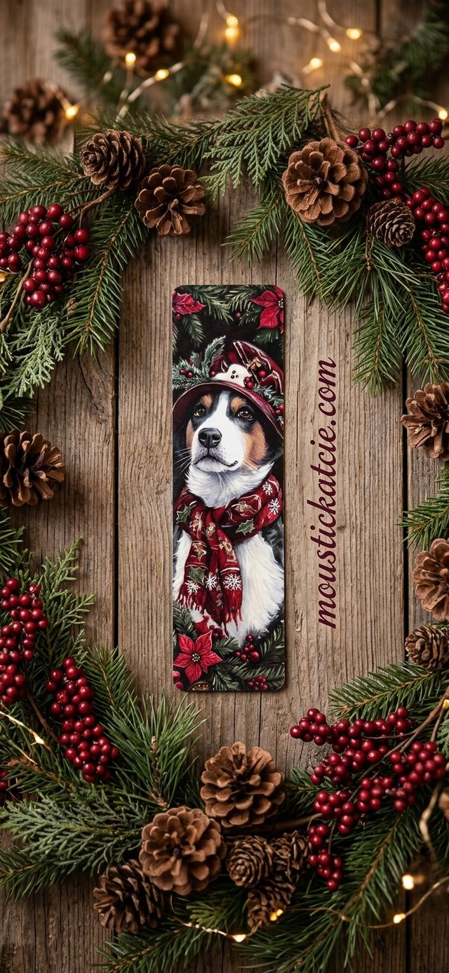 Marque-page Chien de Noël Flocons en Papier Cartonné – Accessoire de Lecture Festif