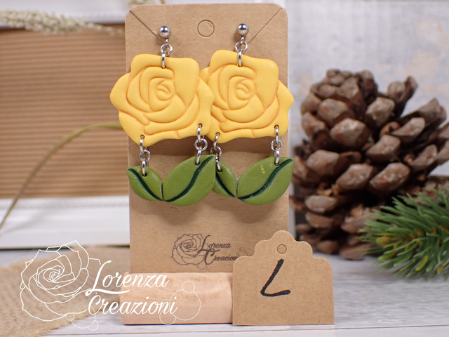 Orecchini pendenti floreali con fiore rosa gialla e foglie tg L 
