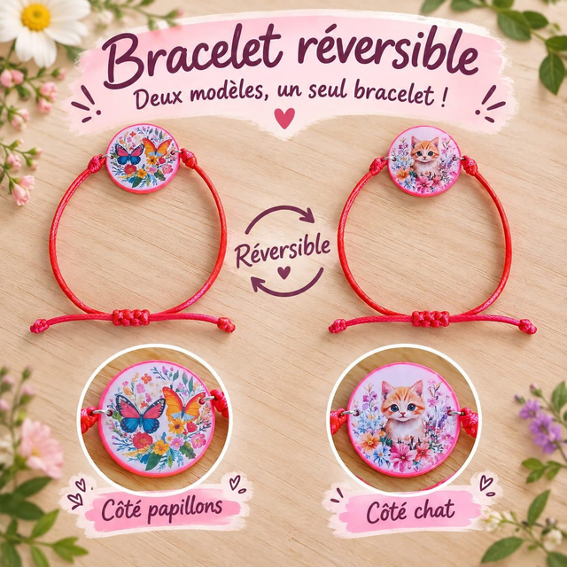 Bracelet réversible enfant chat et papillons 