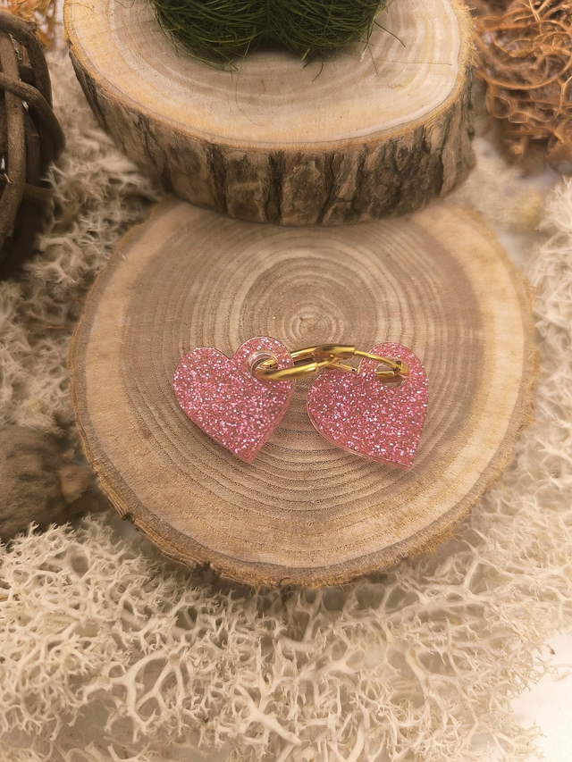 Pampilles interchangeables coeur rose pailletté 