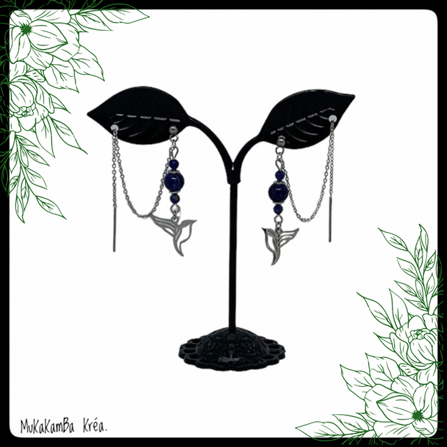 Boucles d’oreilles en acier inoxydable, chaînette à faire passer dans le second trou et perles en pierres naturelles