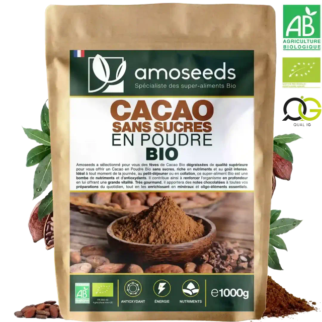 Cacao sans sucres en poudre Bio 1kg Sans Sucres &amp; Pur | Amoseeds | système immunitaire