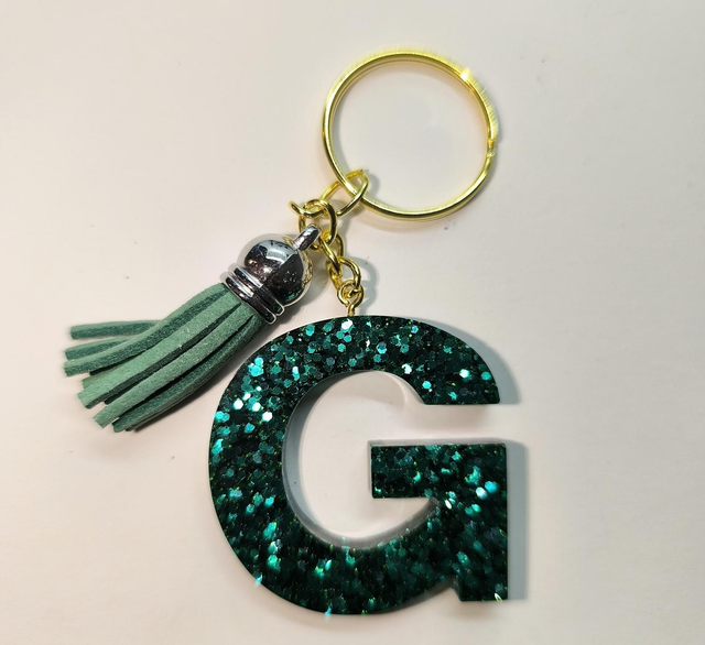 Porte clés initiale "G" pailleté bleu vert 