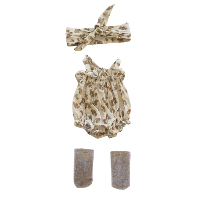 Grenouillère beige fruits + bandeau et chaussettes