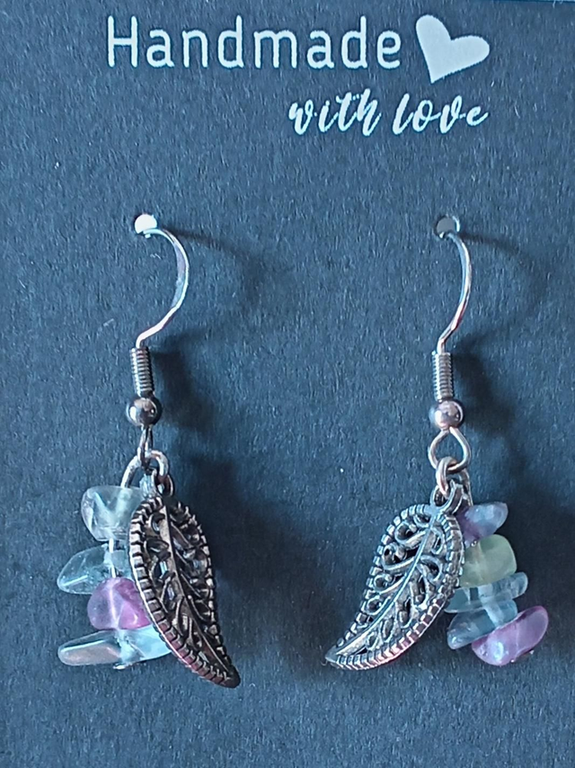 Fluorite Chips &amp; Leaf Sterling Silver Earrings