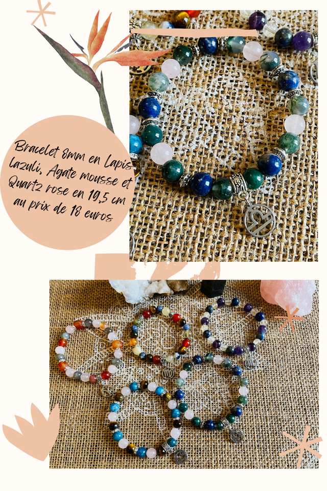 🌸♎️🌊Bracelet Signe de la Balance en Lapis Lazuli, Agate mousse et Quartz rose