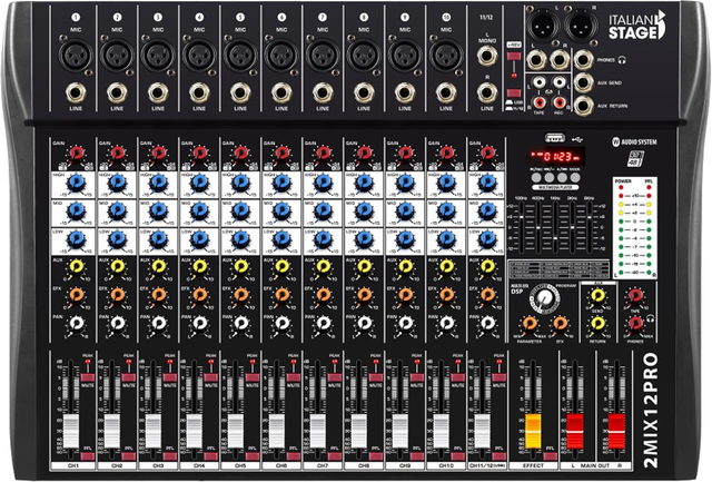 Proel Italian Stage Is 2mix12pro Mixer audio stereo 12 canali + DSP Multi FX, Lettore/registratore USB integrato e Bluetooth