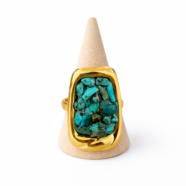Anillo acero dorado y piedras turquesas 