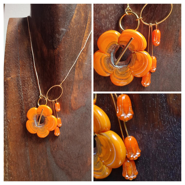 Collier asymétrique fleur de Murano orange et tulipe en verre monté sur fil de lin réglable avec chaîne d'extension, pièce unique 