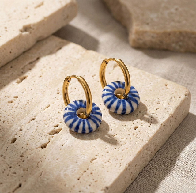 Blue Klein Stripes Thick Hoop Ceramic Earrings
