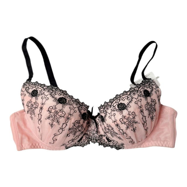 Warm pink + black Floral Embroidered Japanese Bra UK 34C 