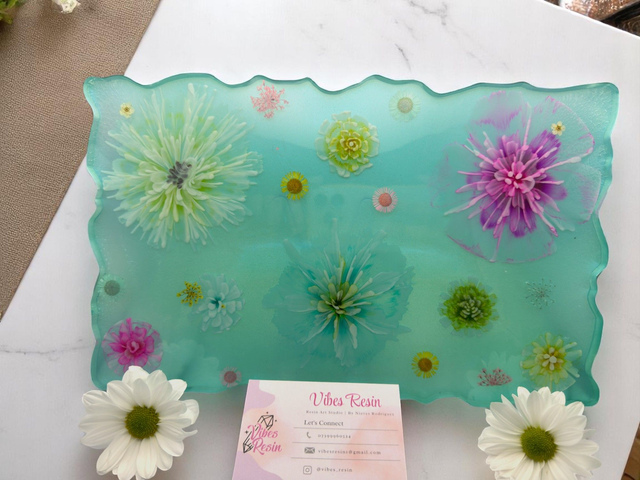 Resin Serving Tray with 3D Flowers – Turquoise &amp; Floral Art Tray – Handmade Home Decor