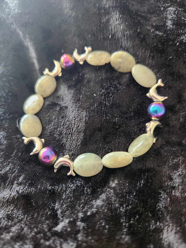 LABRODITE AND RAINBOW HEMATITE STRETCH BRACELET WITH DOLPHIN SPACERS 