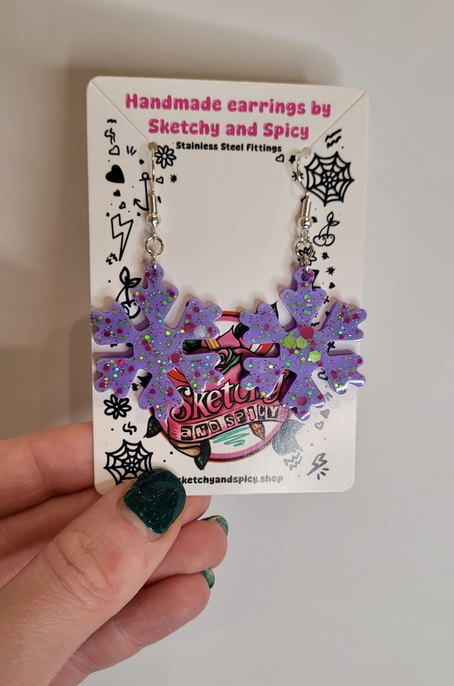 Earrings | Lilac Purple Glitter Snowflake Earrings | Stainless Steel Hooks