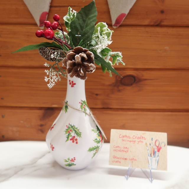 Decoupage Holly Bud Vase