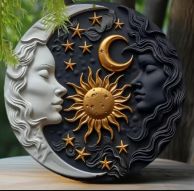 Vintage rond metalen bord Yin Yang Zon en Maan (20cm)