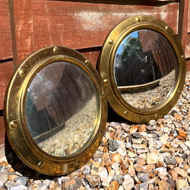Two 1940’s Brass Convex Porthole Mirrors 